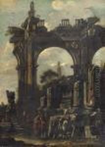 An Architectural 'capriccio' With Ancient Ruins And Two Figures Discussing A Bass Relief by Giovanni Ghisolfi