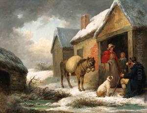 A traveller taking refreshment outside a cottage in winter by George Morland
