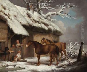A Winter Landscape Two horses and a spaniel outside a cottage by George Morland