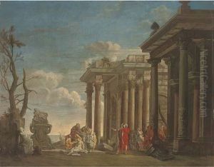 A Capriccio Of Roman Ruins With Classical Figures By An Altar