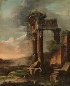A River Estuary With Figures Amongst Ruins by Giovanni Ghisolfi