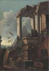 Classical Ruins And A Pyramid With Figures Conversing by Giovanni Ghisolfi