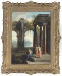 A Capriccio Of Classical Ruins With Elegant Figures And Mountainsbeyond by Giovanni Ghisolfi
