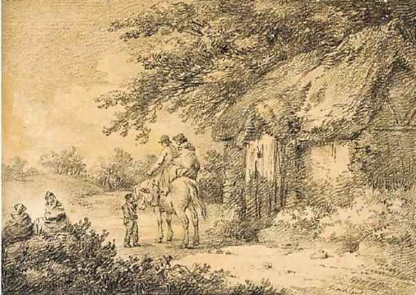 Figures on a pony before a thatched cottage - view 1