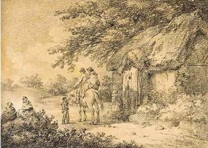 Figures on a pony before a thatched cottage by George Morland