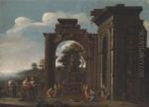 A Capriccio Of Roman Ruins With Classical Figures Adorning A Shrineto Ceres