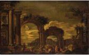 Saint Paul Preaching In A Capriccio Of Roman Ruins by Giovanni Ghisolfi