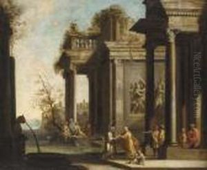 A Capriccio Of Architectural Ruins With Classical Figures by Giovanni Ghisolfi