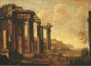 An Architectural Capriccio With Figures By A Cove