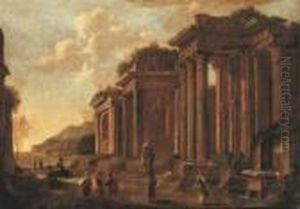 An Architectural Capriccio With Figures By A Statue And A Fountain by Giovanni Ghisolfi
