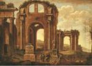 An Architectural Capriccio With Figures Amongst Ruins by Giovanni Ghisolfi