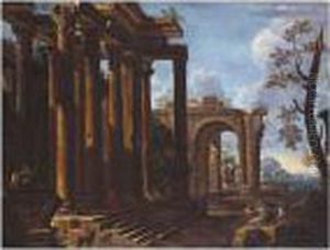Architectural Ruins With Figures by Giovanni Ghisolfi