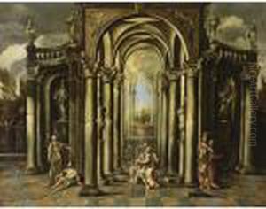 An Architectural Capriccio Of A 
Classical Building Adorned With Statues And David Playing The Harp 
Surrounded By Other Figures by Giovanni Ghisolfi