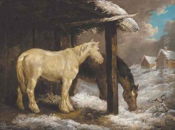 Ponies by a byre in a winter landscape - view 1