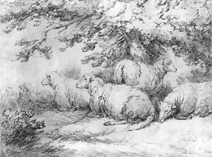 Sheep resting beneath trees by George Morland
