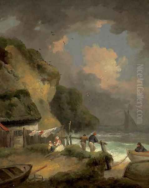 A rocky coast with fishermen by a cottage - view 1