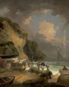 A rocky coast with fishermen by a cottage by George Morland