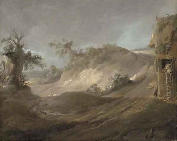 Landscape with a figure climbing up to a hay loft, and a pig - view 1