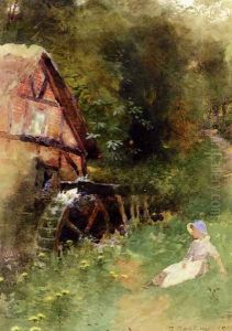 A Young Girl Seated Near A Watermill