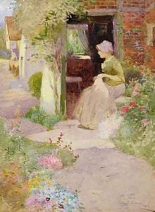 A Girl Sewing at the Door of a Cottage 1906