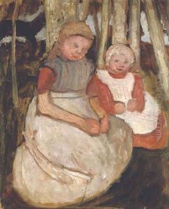 Zwei sitzende Madchen vor Birkenstammen by Paula Modersohn-Becker