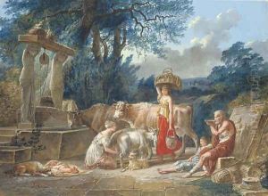A peasant family and their animals by a well in a classical landscape by Jean-Baptiste Mallet
