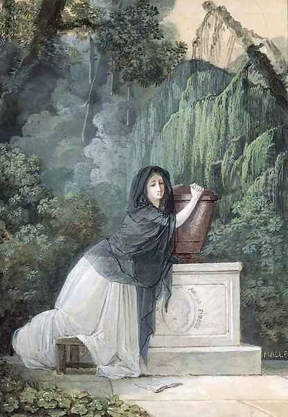 A Woman in mourning kneeling in front of a Monument with Cupid - view 1