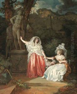 Two elegant young ladies in a garden with a man hiding behind a statue of Apollo by Jean-Baptiste Mallet