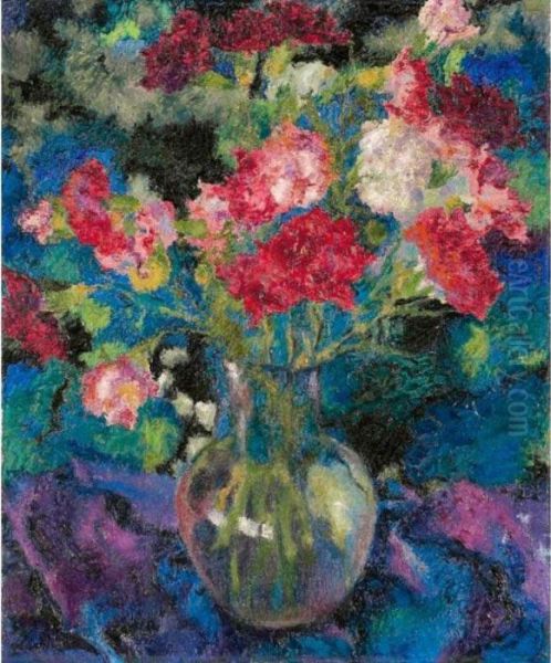 Carnations In A Round Glass Vase In Front Of A Blue Background - view 1