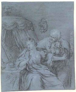 A bearded man holding bags of gold seducing a lady at her dressing table by Willem Van Mieris Leiden