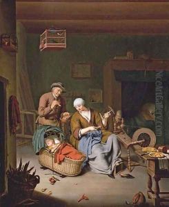 A woman spinning yarn with a baby in a wicker basket and an old man smoking a pipe by Willem Van Mieris Leiden