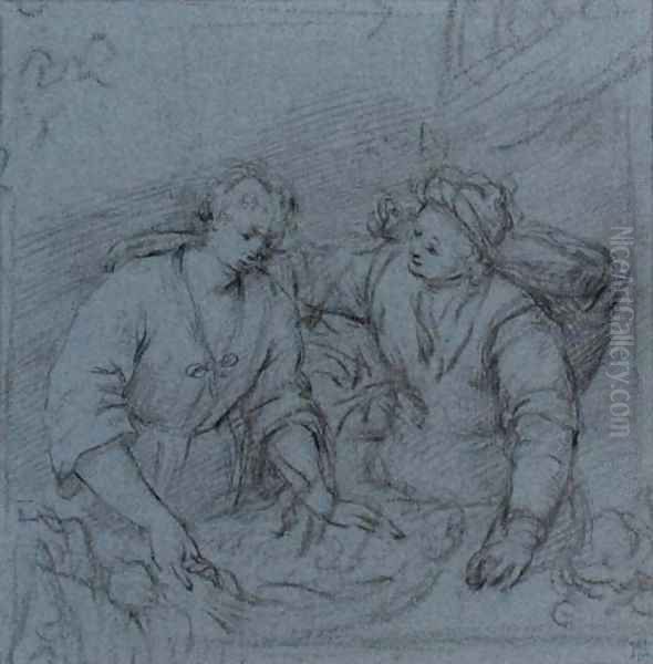 Two figures, half-length, standing at a bench - view 1