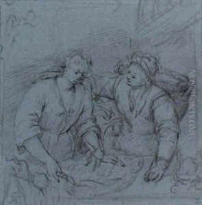 Two figures, half-length, standing at a bench