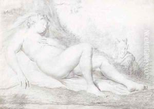 A sleeping nymph watched by a satyr