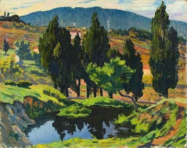 Paysage Vallonne Aux Cypres Et A La Petite Riviere. 1918. - view 1