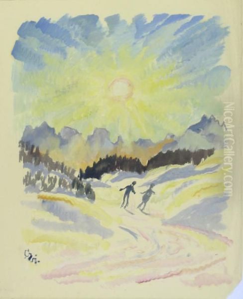 Zwei Skifahrer In Einer Von Der Sonne Beschienenen Schneelandschaft - view 1
