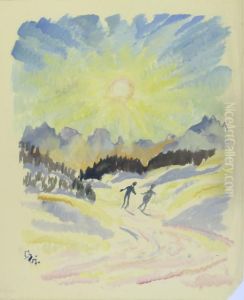Zwei Skifahrer In Einer Von Der Sonne Beschienenen Schneelandschaft