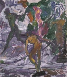 Badende Im Bergbach Bei Daganece by Giovanni Giacometti