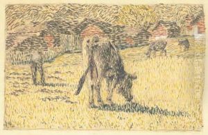 Four Cows In Pasture, Farm Buildings Beyond by Giovanni Giacometti