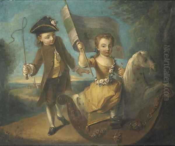 Double portrait of a girl and a boy, he full-length, in a green suit and yellow waistcoat wearing a tricorn, holding a whip in his right hand - view 1