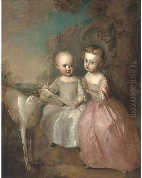 Double portrait of a boy and a girl in a landscape, full-length, with a greyhound, he in an oyster satin dress, she in a pink dress - view 1