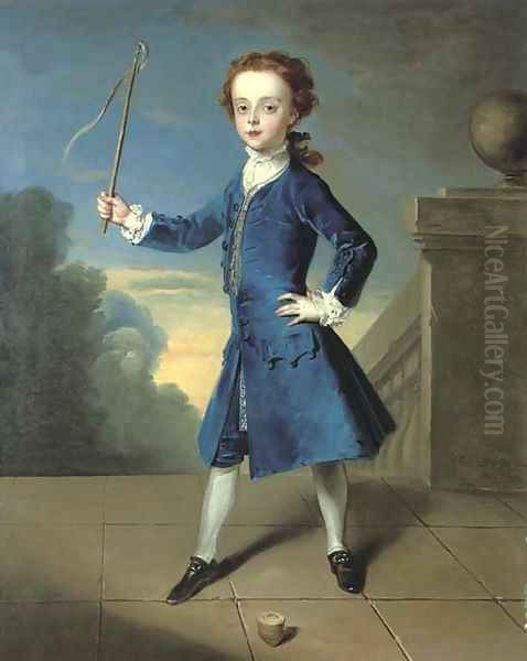 Portrait of a boy, full-length, in a blue coat, with a spinning top on a terrace - view 1