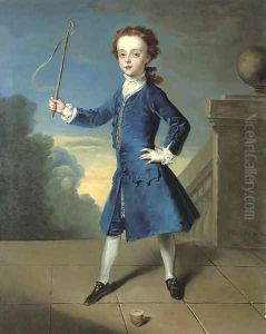 Portrait of a boy, full-length, in a blue coat, with a spinning top on a terrace by Philipe Mercier