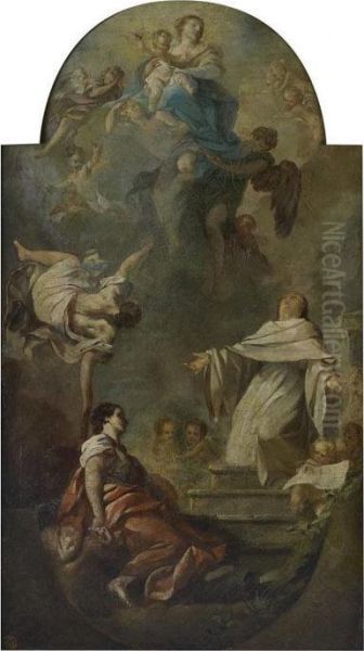 Vierge A L'enfant Apparaissant A
Deux Saints, A Vue Chantournee Dans La Partie Superieure Et Inferieure - view 1