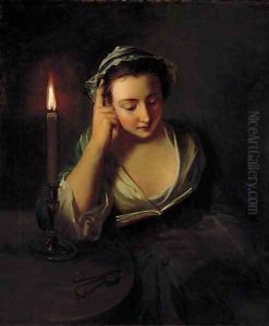 A young girl reading by candlelight by Philipe Mercier