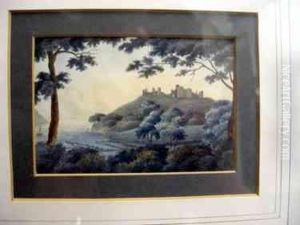 School: Watercolour Study Of A 
Hill Top Castle "llanstephan Castle" To Reverse, 7 Cm X 10 Cm, Framed