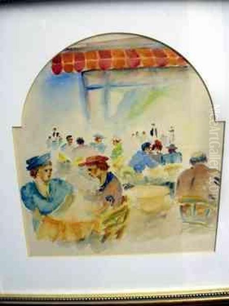 School: Impressionistic Watercolour Figures Seated Outside A Cafe, 25 Cm X 23 Cm, Framed - view 1