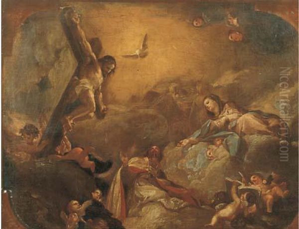 Santo Vescovo In Gloria Con
Cristo Crocifisso E La Vergine In Preghiera: Bozzetto Per Un Soffitto - view 1