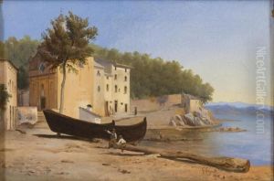 Costa Amalfitana Con Barca E Figure by Giacinto Gigante