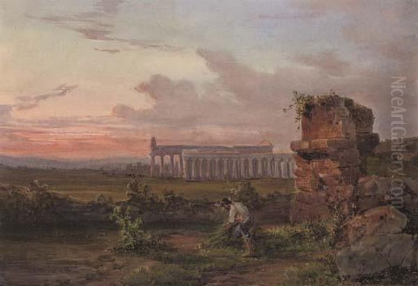 A Peasant Before Paestum At Dusk - view 1